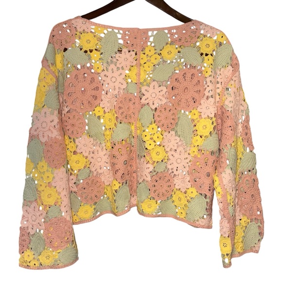 Entro Knit Crochet Floral Multi Color Pastel Cropped Long Sleeve Lace Top Small - Picture 11 of 14